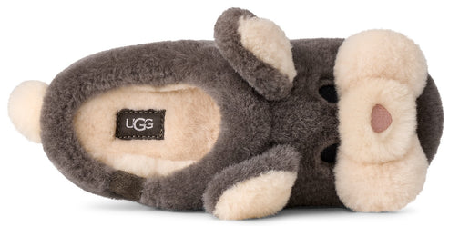 A gray and cream-colored plush slipper designed to look like a small animal, featuring a fuzzy gray body, cream-colored accents on the sides, ears, and snout, a small pink nose, and a visible UGG label inside.