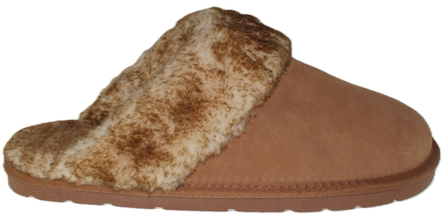 Tan slipper with furry trim.