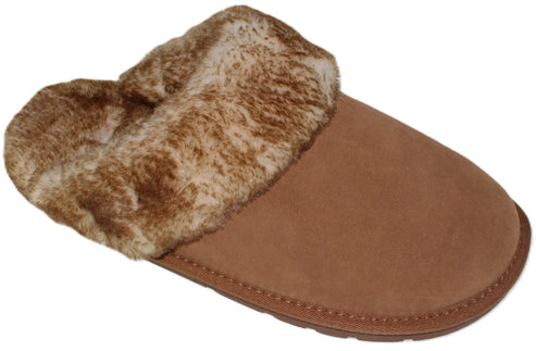 Tan suede slipper with faux fur trim.