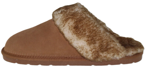 A tan-colored slipper with faux fur lining.