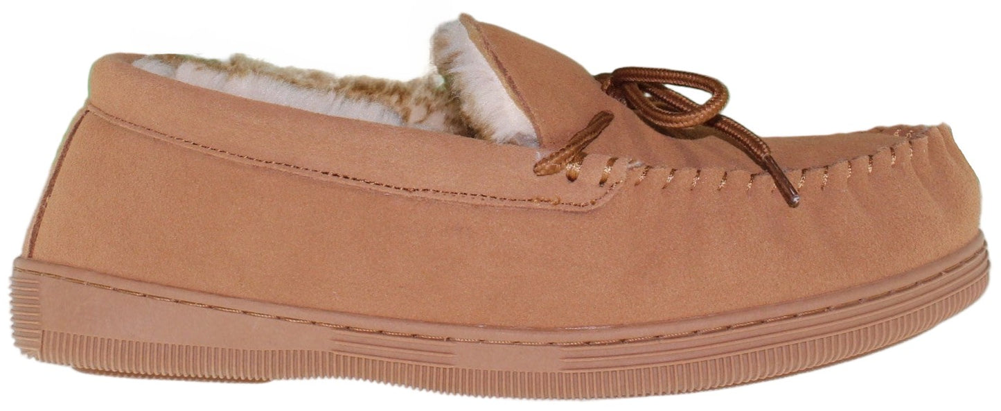 Tan moccasin slipper with faux fur lining and brown laces.