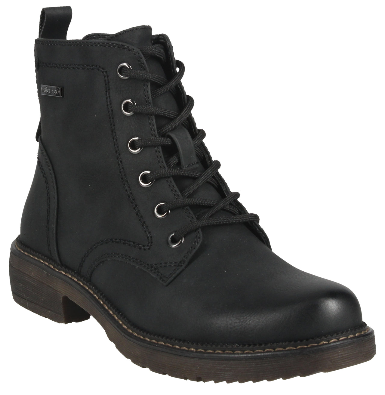 Black leather ankle boot with a rounded toe, lace-up closure, silver eyelets, and a short heel.