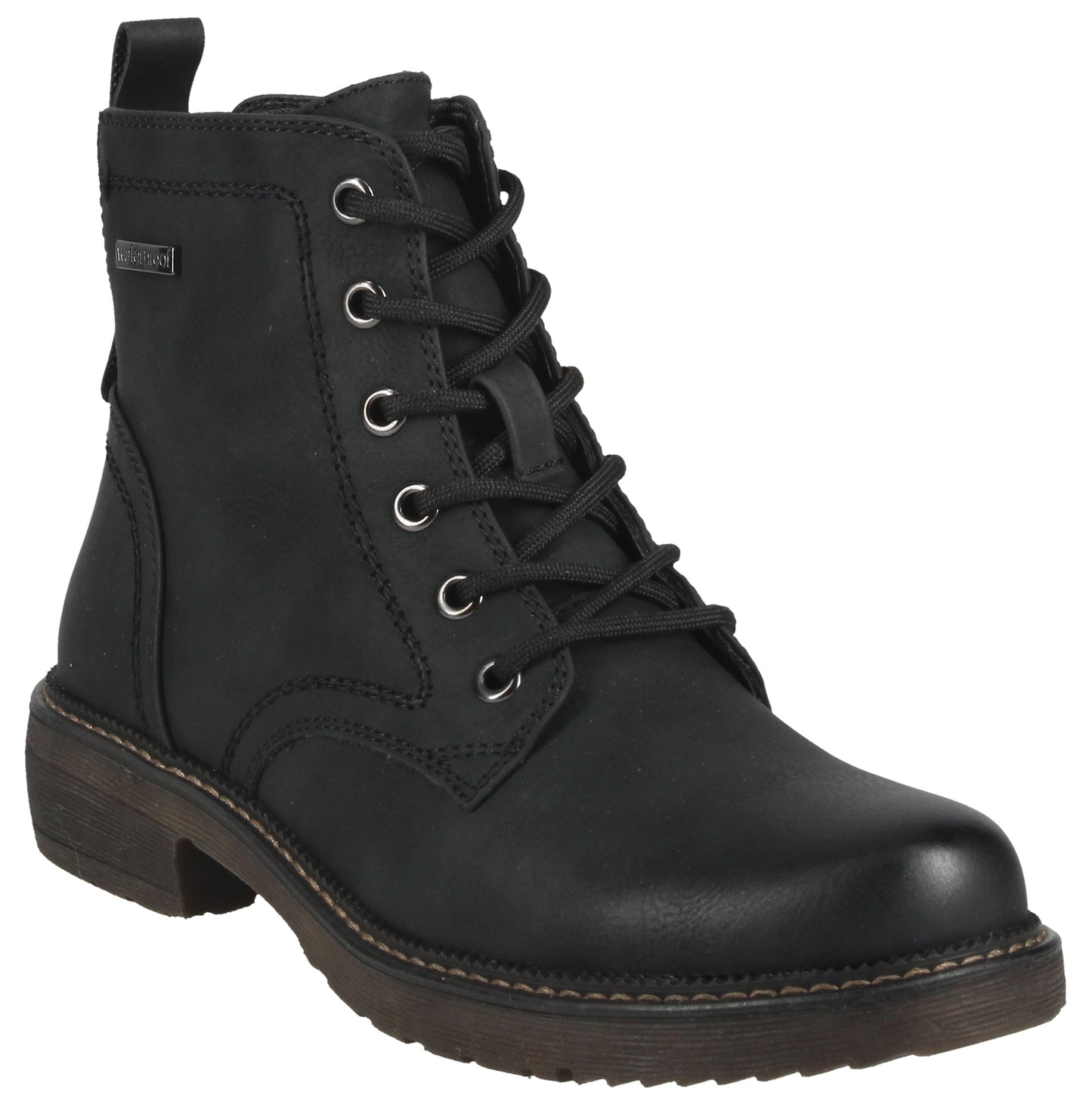 Black leather ankle boot with a rounded toe, lace-up closure, silver eyelets, and a short heel.