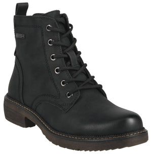 Black leather ankle boot with a rounded toe, lace-up closure, silver eyelets, and a short heel.