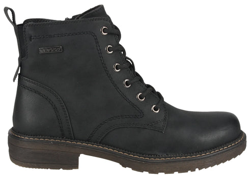 Black, laced, waterproof ankle boot with dark sole