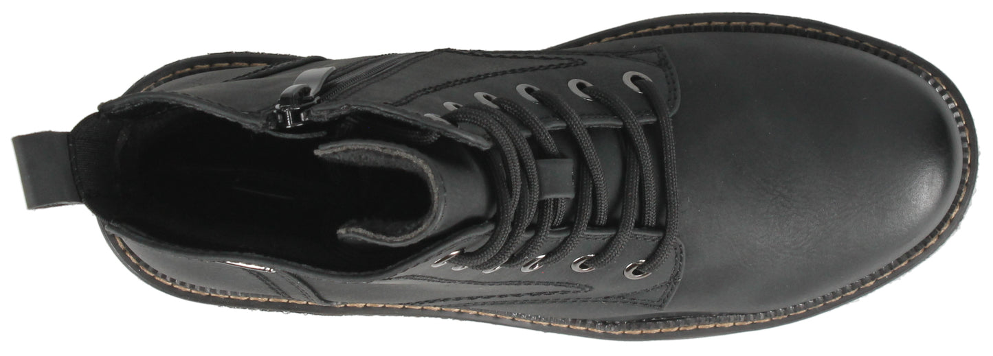 Black leather lace-up boot with side zipper.