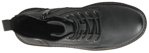 Black leather lace-up boot with side zipper.