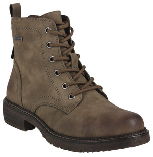 Leather ankle boot with lace-up closure and lug sole, pull tab on heel.