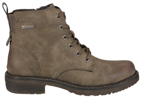 Taupe lace-up ankle boot with waterproof insignia.
