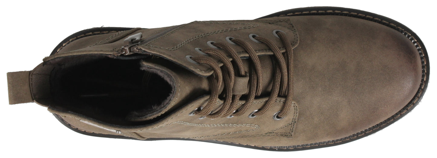 Taupe-colored, lace-up boot with a side zipper and heel pull.