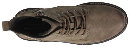 Taupe-colored, lace-up boot with a side zipper and heel pull.