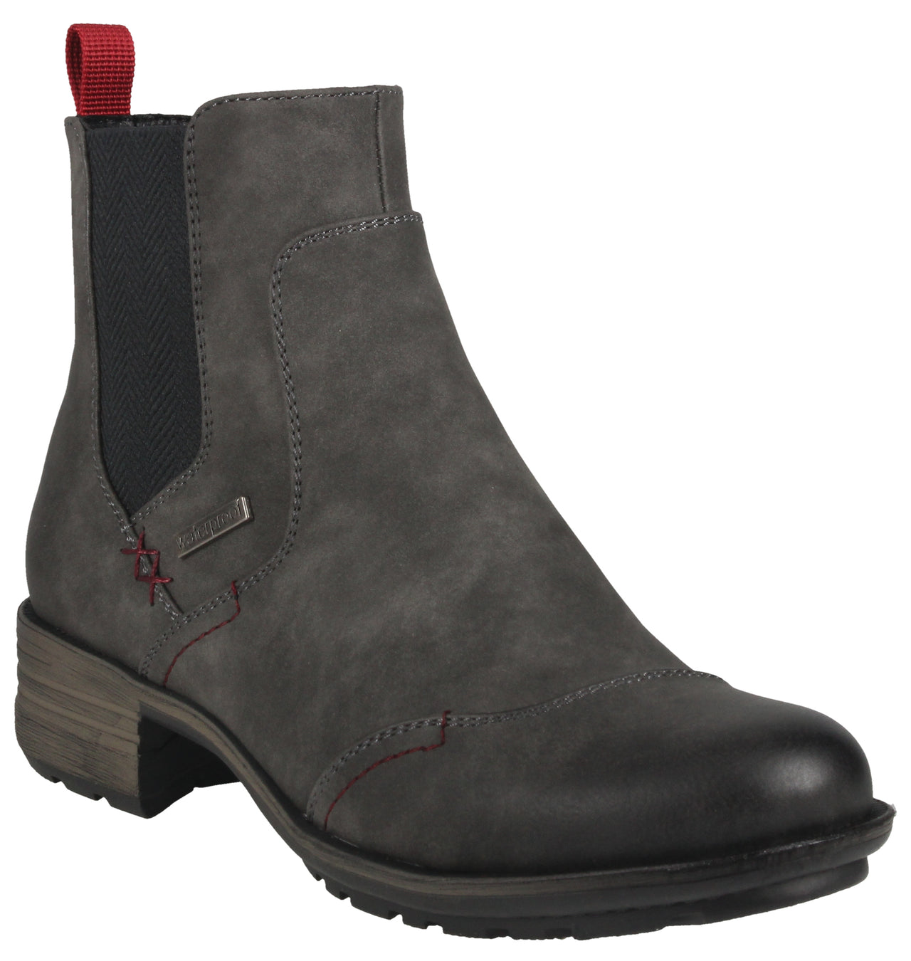 Dark gray Chelsea boot with red pull-tab and decorative stitching.