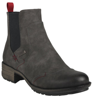Dark gray Chelsea boot with red pull-tab and decorative stitching.