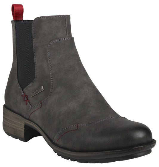 Dark gray Chelsea boot with red pull-tab and decorative stitching.