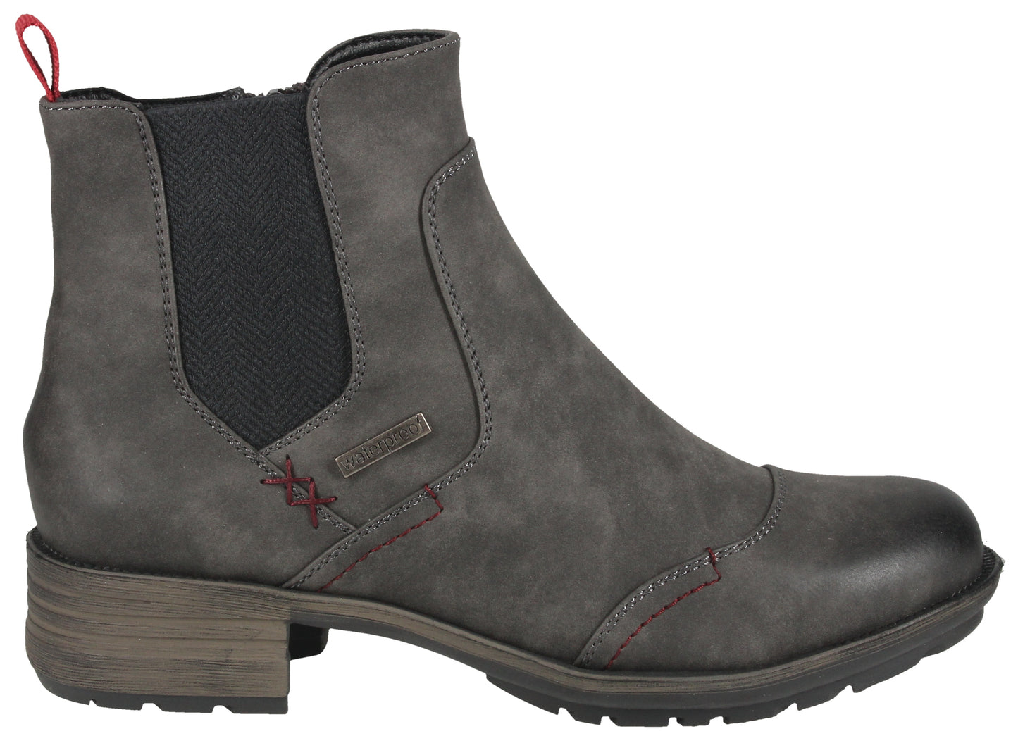 Gray ankle boot with elastic side panels and low heel.