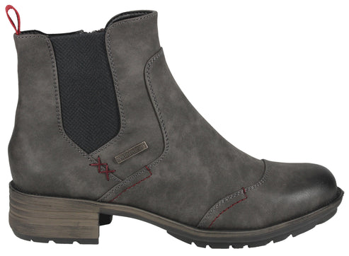 Gray ankle boot with elastic side panels and low heel.