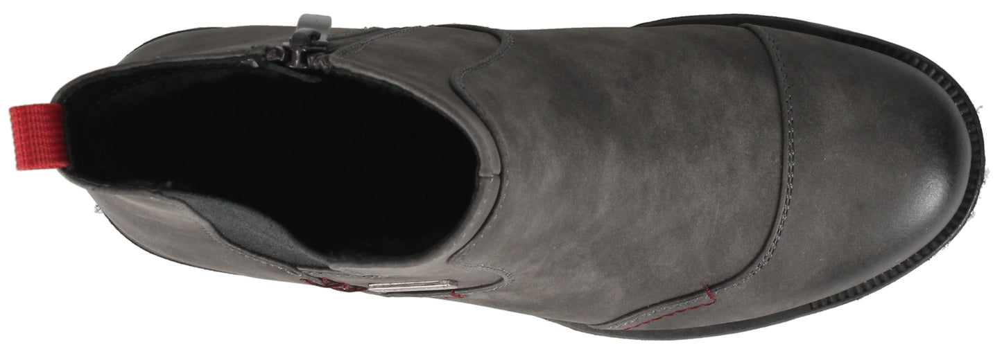 top-down view of a gray ankle boot with a side zipper and red pull tab