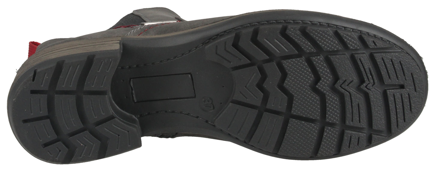 Bottom of a boot with a textured rubber sole.