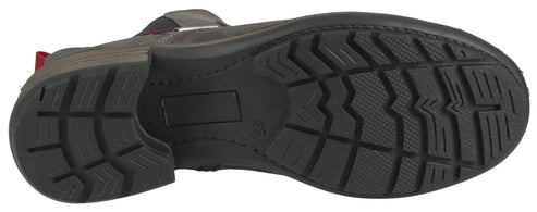 Bottom of a boot with a textured rubber sole.