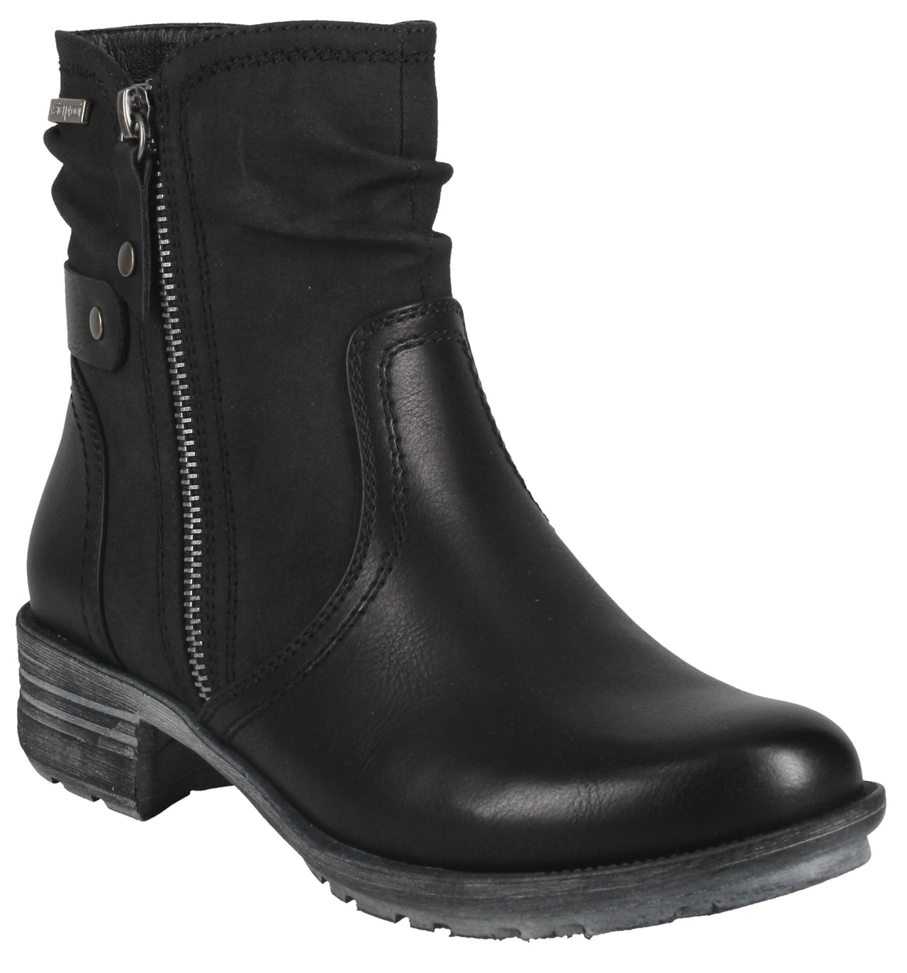Black ankle boot with side zipper and ruched upper.