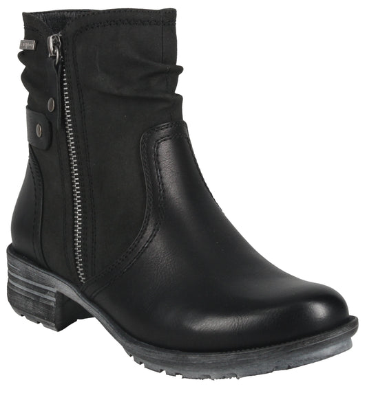 Black ankle boot with side zipper and ruched upper.