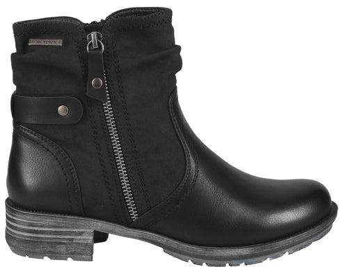 Black ankle boot with side zipper and decorative strap.