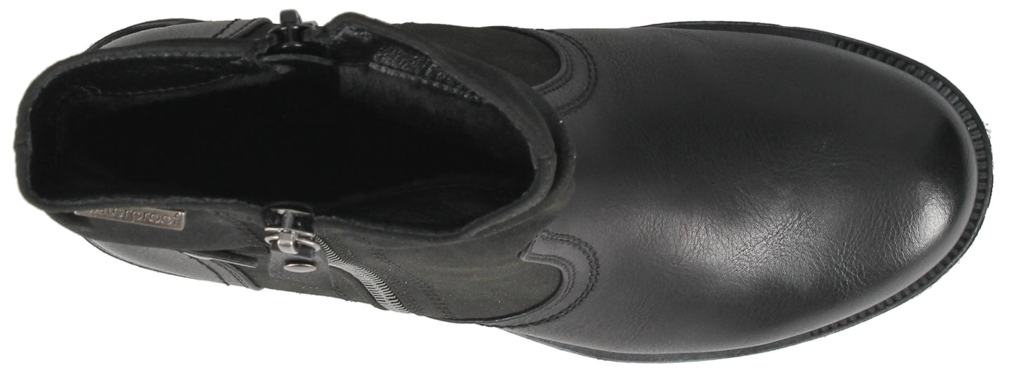 A black ankle boot with a zipper on the side.