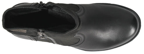 A black ankle boot with a zipper on the side.