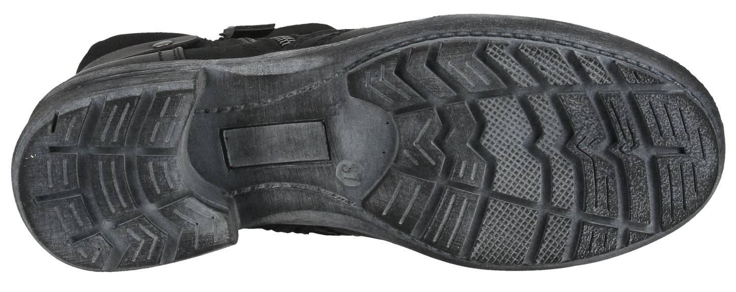 The sole of a shoe showing a textured surface for grip.