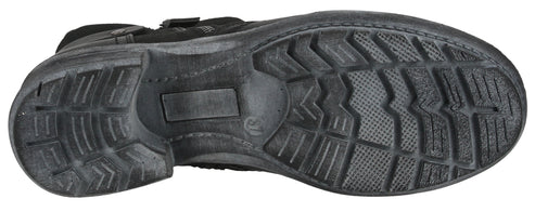 The sole of a shoe showing a textured surface for grip.