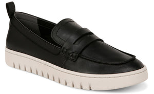 Black loafer with a white platform sole and a heel pull tab.
