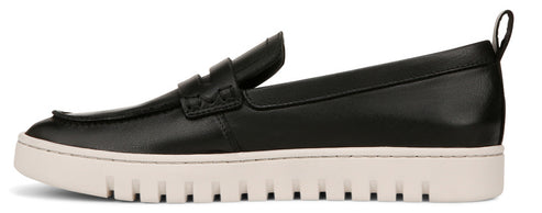 A black leather loafer with a white sole.