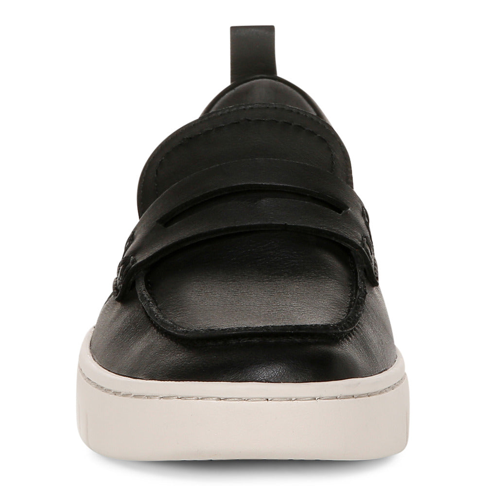 Black leather loafer with a cream-colored rubber sole and pull-tab.