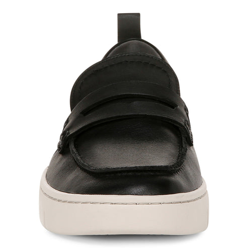 Black leather loafer with a cream-colored rubber sole and pull-tab.