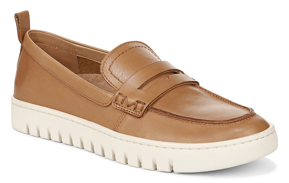 Tan leather loafer with white sole and pull tab