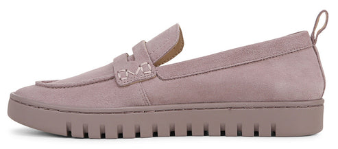 Lavender suede loafer with a thick, notched sole and a pull tab at the heel.