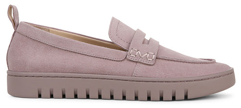 A lavender-colored suede loafer with a thick lug sole.