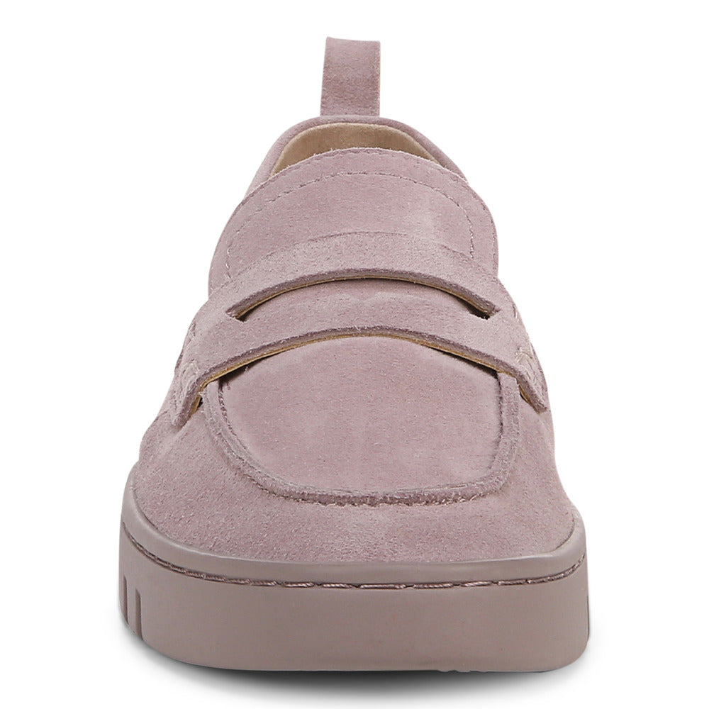 Mauve suede penny loafer with chunky sole and pull tab.