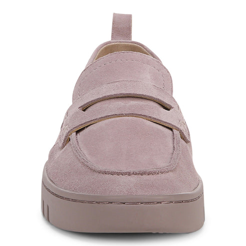 Mauve suede penny loafer with chunky sole and pull tab.