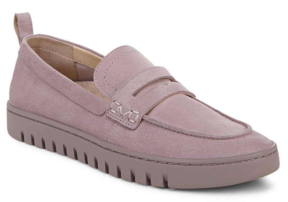 Lavender suede slip-on loafer with a lug sole and a pull tab.