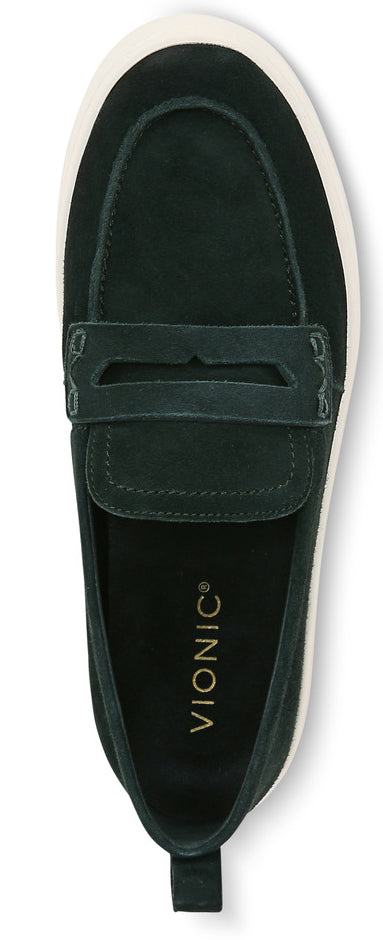 A dark green slip-on shoe with a white sole and a penny loafer-style strap across the top.