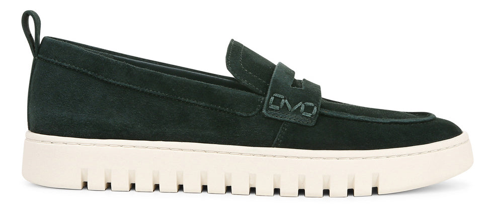 Dark green suede loafer with a thick, ridged white sole.