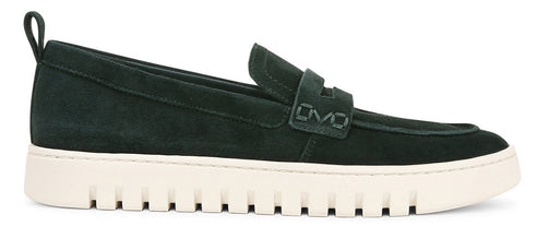 Dark green suede loafer with a thick, ridged white sole.