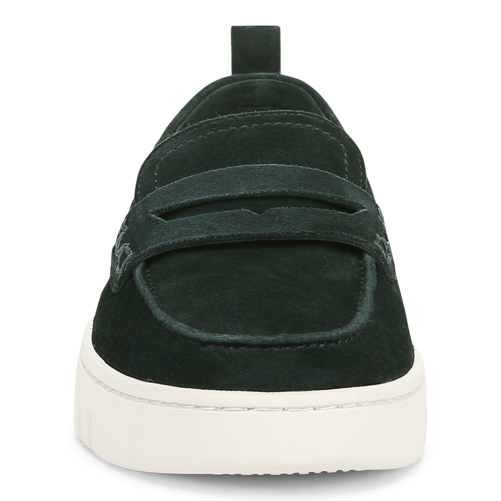 Green suede loafer with a white sole.