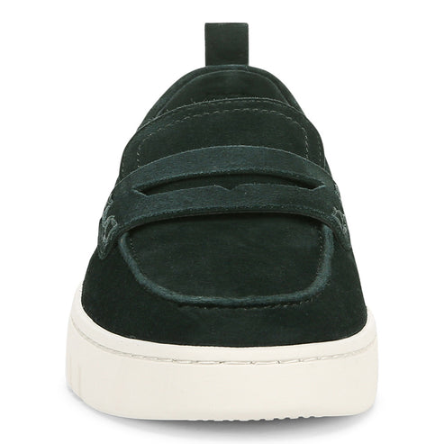 Green suede loafer with a white sole.