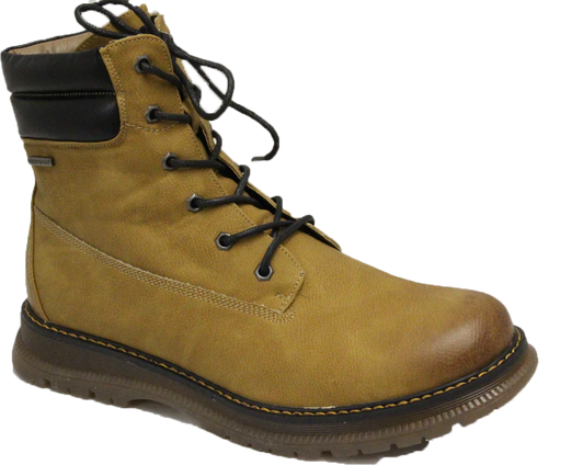 Tan ankle-high work boot with black laces and collar.