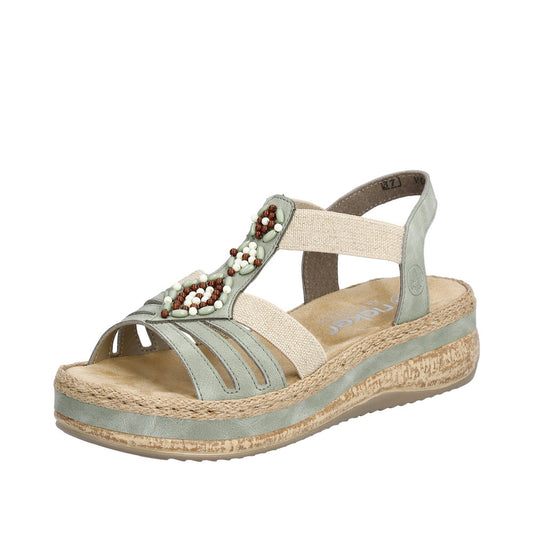 Pale green sandals with floral bead accents and woven sole.