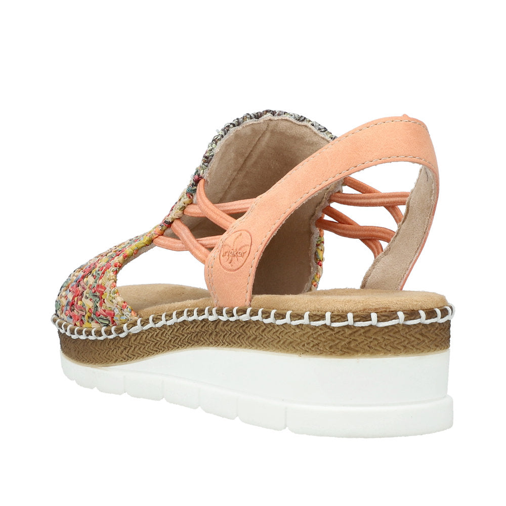 Peach-strapped multicolor sandal with platform sole.
