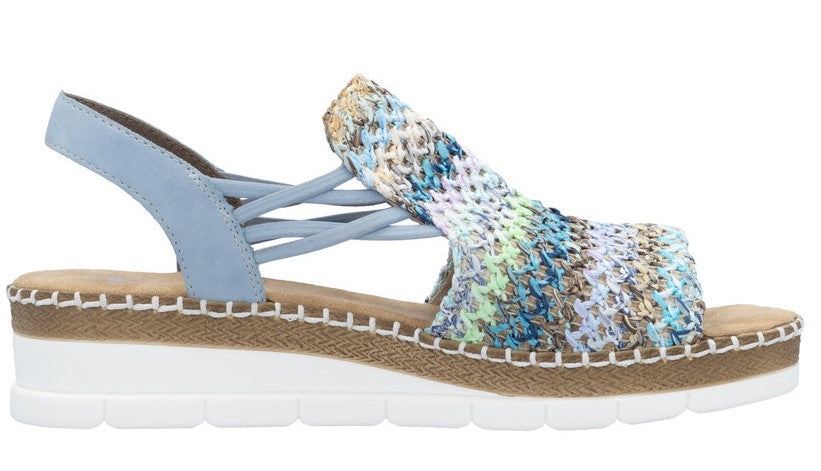Blue sandal with woven upper, elastic straps, and platform sole.