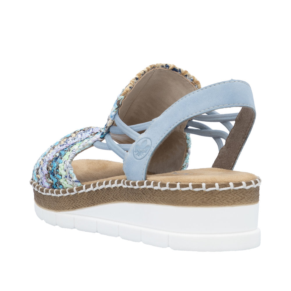 Blue sandal with woven straps and a white platform sole.